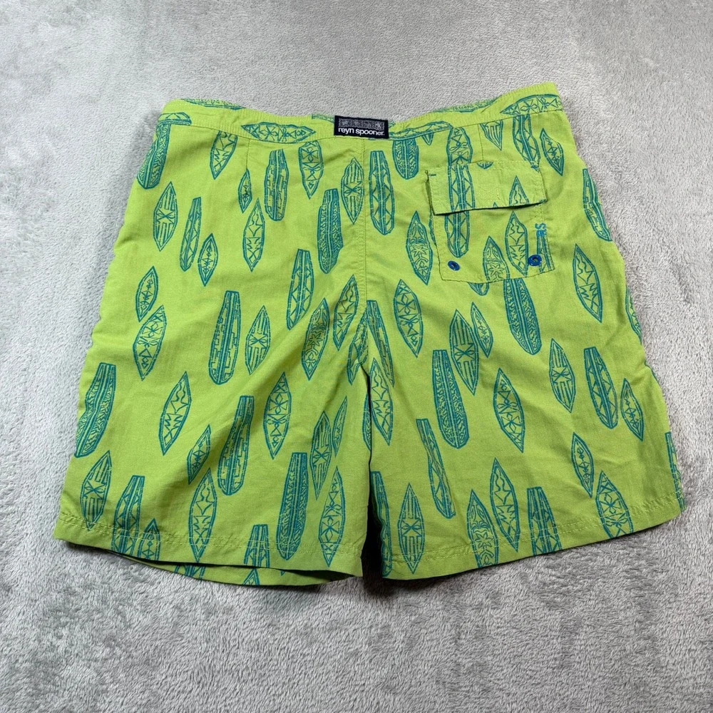 Reyn Spooner Board Shorts Men 36 Green AOP Surfboard Print Beachwear Surf Summer